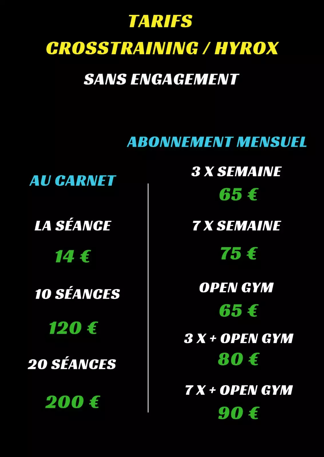 Tarifs Cours CrossTraining Hyrox
